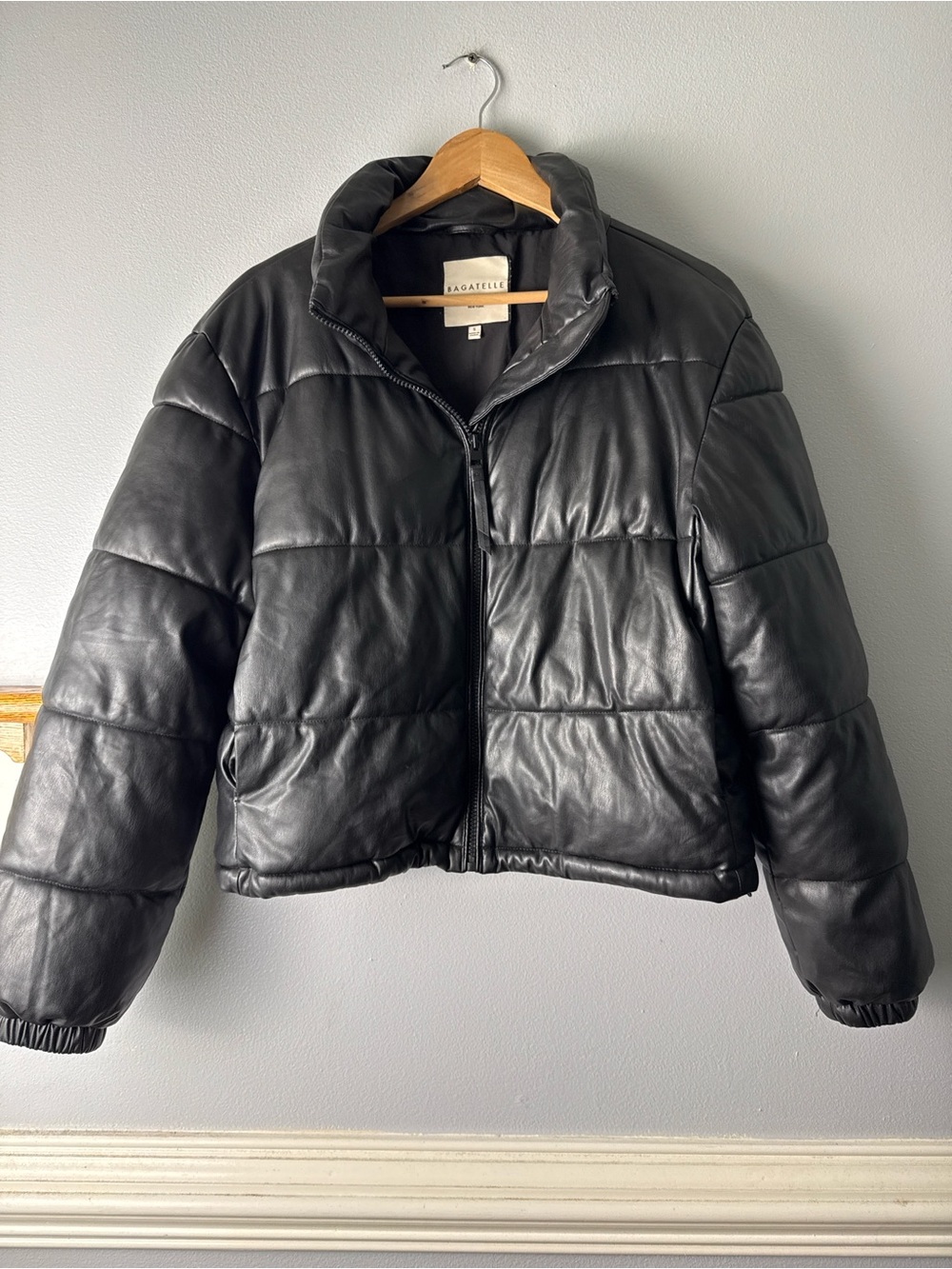 Bagatelle Black Puffer vegan Leather Jacket for Women